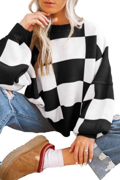 Green Checkered Bishop Sleeve Pullover Sweater