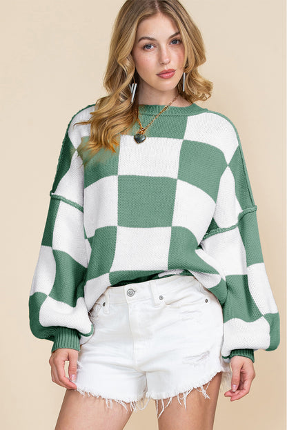 Green Checkered Bishop Sleeve Pullover Sweater