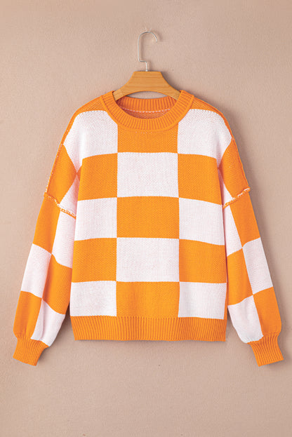 Green Checkered Bishop Sleeve Pullover Sweater