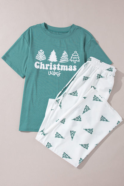 Green Christmas Tree Print Tee & White Pants Loungewear Set