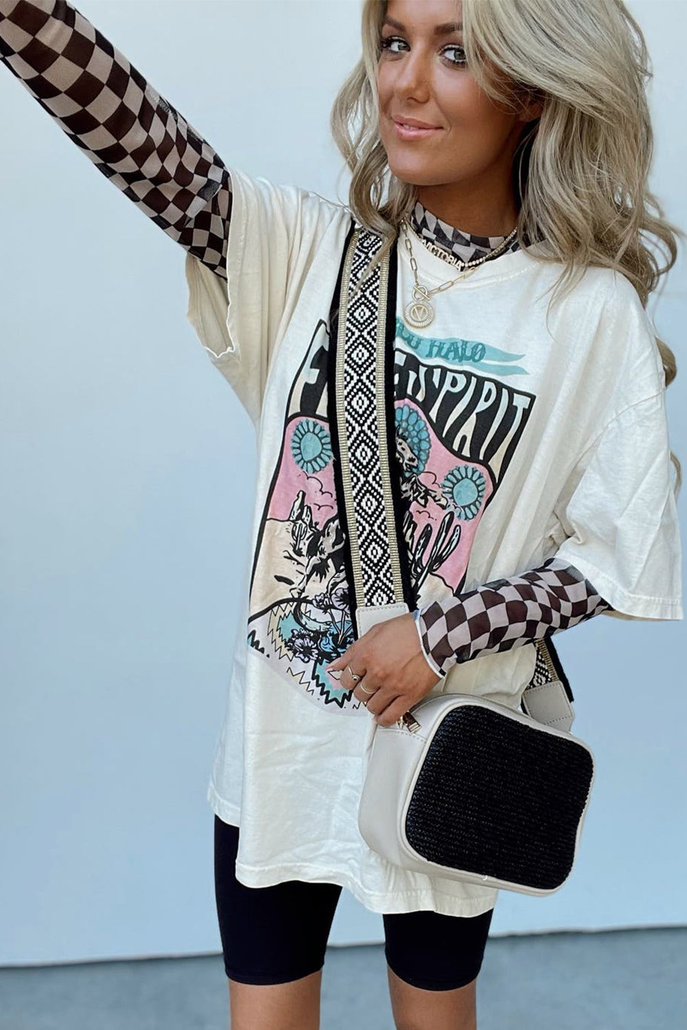 Khaki Checkered Pattern Mesh Long Sleeve Top