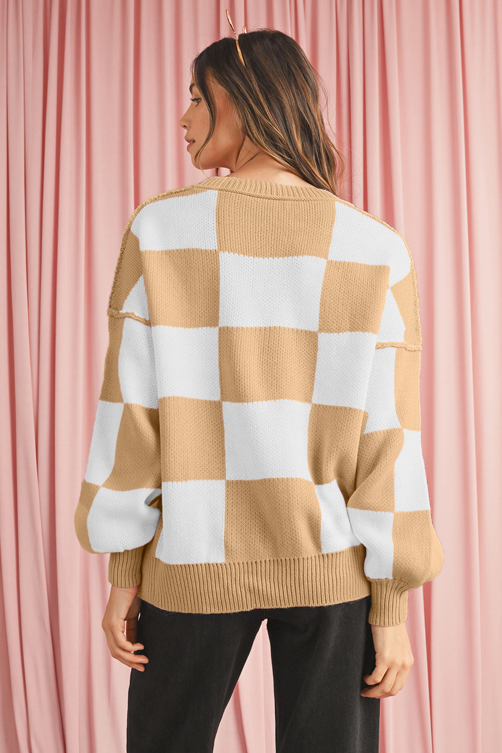 Green Checkered Bishop Sleeve Pullover Sweater