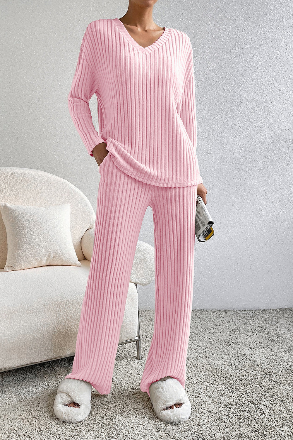 Light Grey Slouchy Ribbed Knit V Neck Top & Pants Loungewear Set