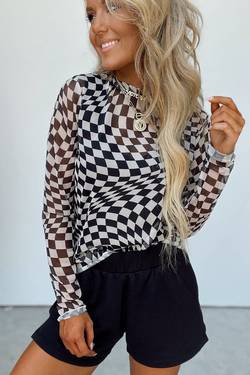 Khaki Checkered Pattern Mesh Long Sleeve Top