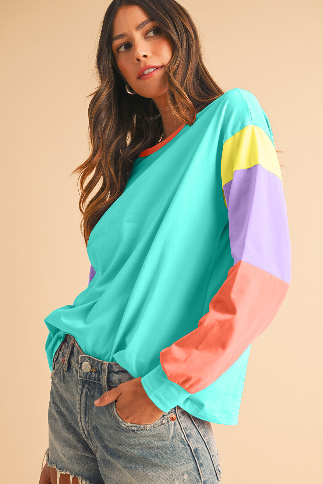 Dark Blue Color Block Sleeve Loose Fit Top