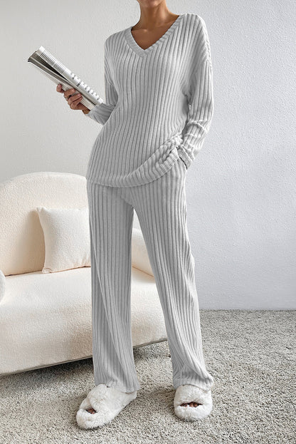 Light Grey Slouchy Ribbed Knit V Neck Top & Pants Loungewear Set