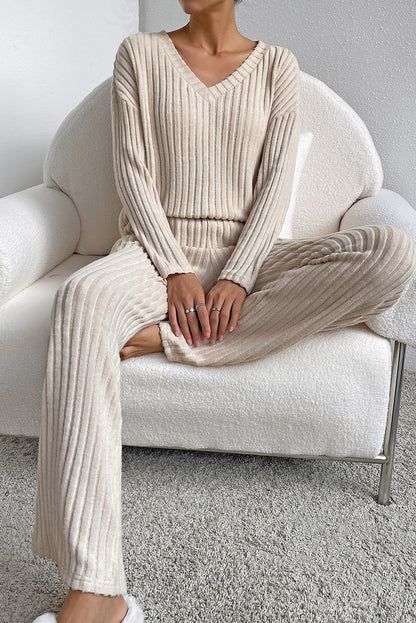 Light Grey Slouchy Ribbed Knit V Neck Top & Pants Loungewear Set