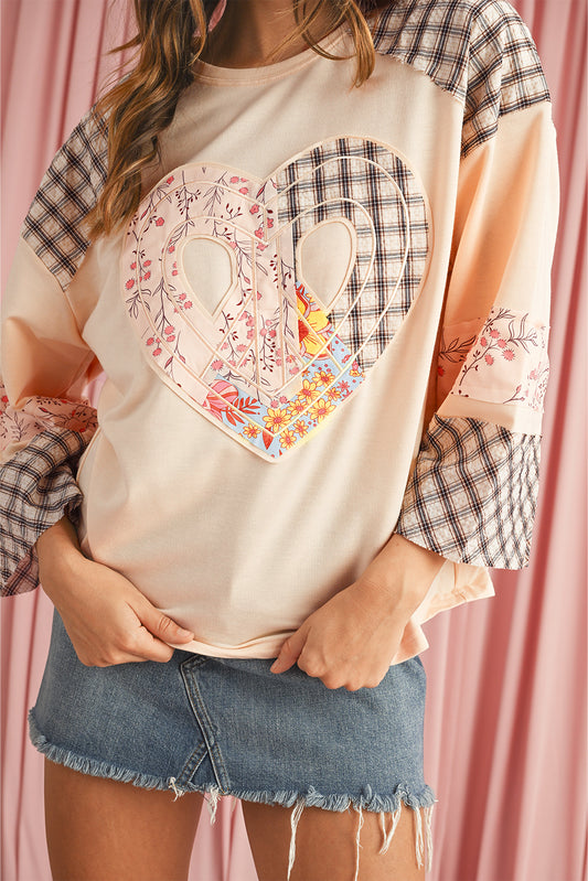 Beige Plaid Floral Patchwork Heart Long Sleeve Top