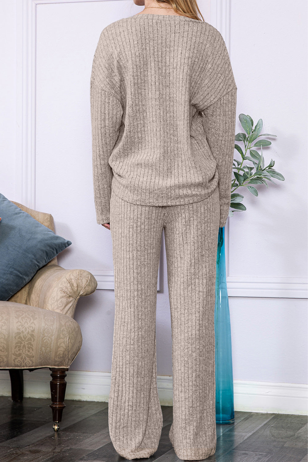 Light Grey Slouchy Ribbed Knit V Neck Top & Pants Loungewear Set