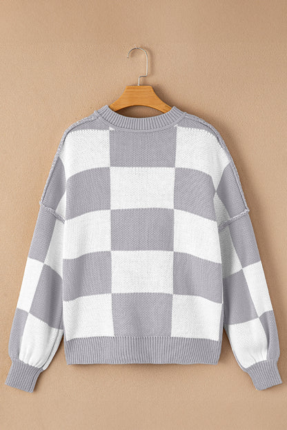 Green Checkered Bishop Sleeve Pullover Sweater