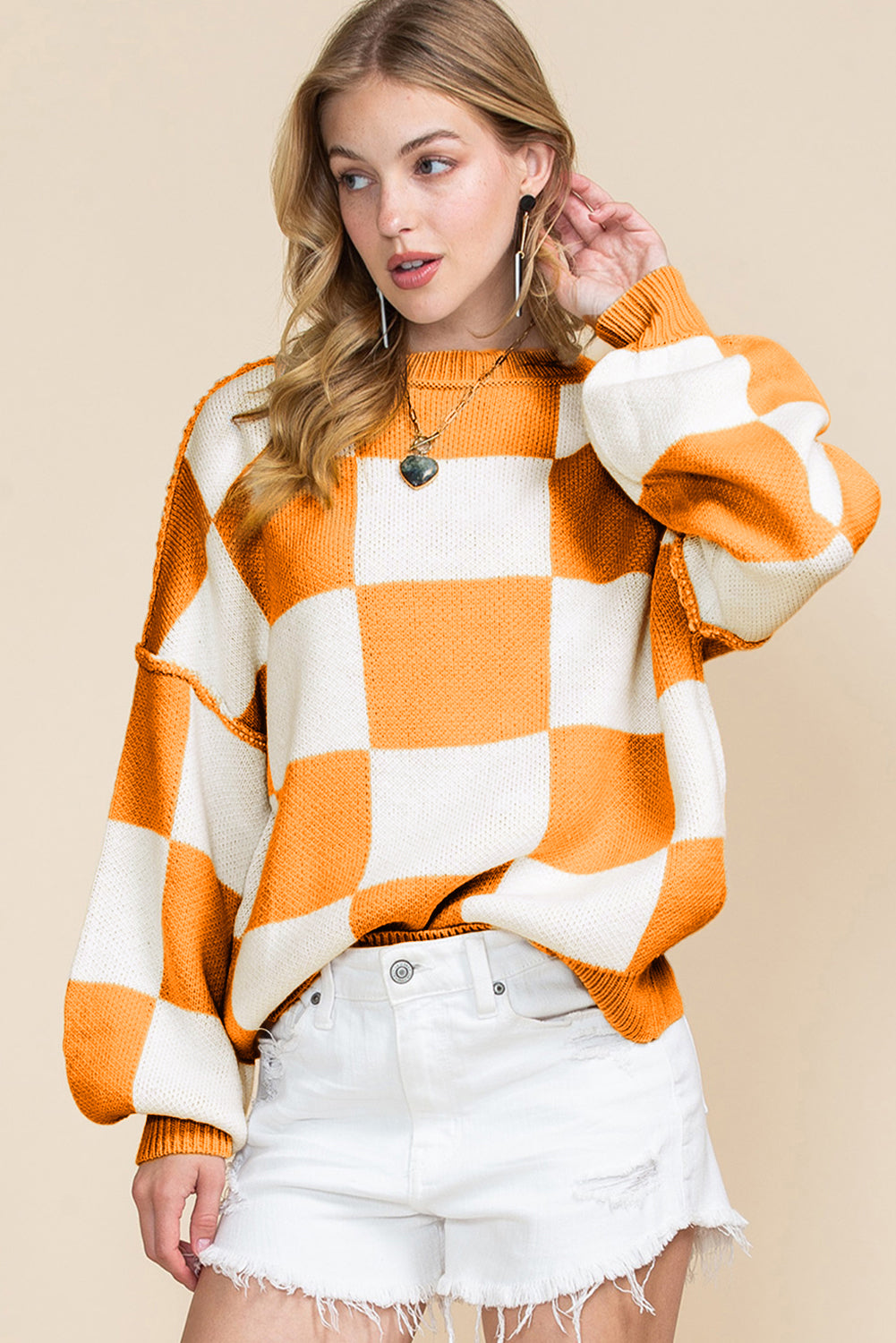 Green Checkered Bishop Sleeve Pullover Sweater