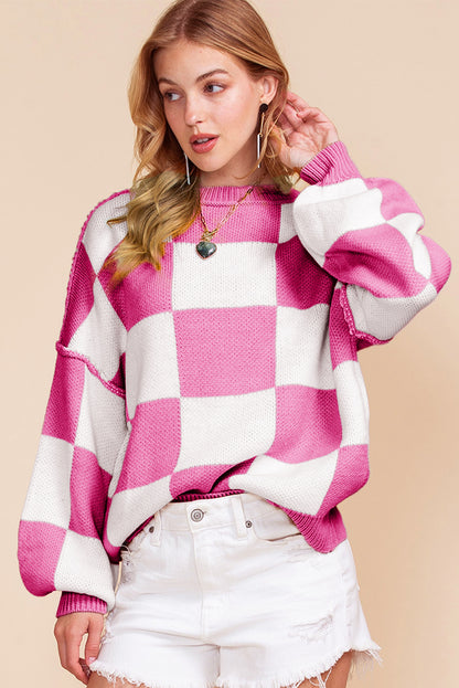 Green Checkered Bishop Sleeve Pullover Sweater