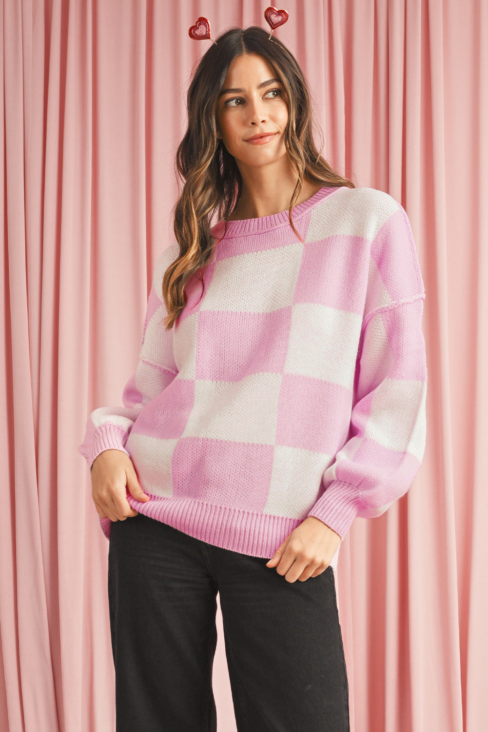 Green Checkered Bishop Sleeve Pullover Sweater