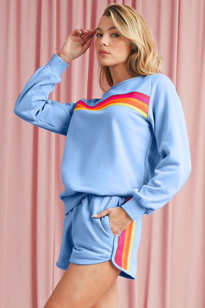 Beau Blue Colorful Striped Long Sleeve Pullover and Shorts Set