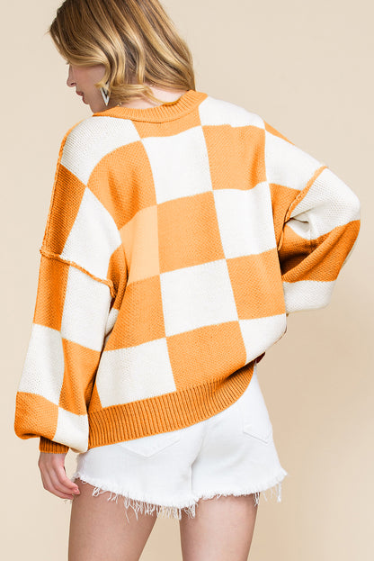 Green Checkered Bishop Sleeve Pullover Sweater