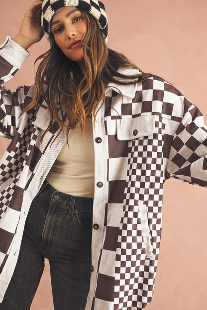 Brown Checkered Corduroy Button Up Shacket