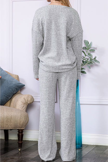 Light Grey Slouchy Ribbed Knit V Neck Top & Pants Loungewear Set