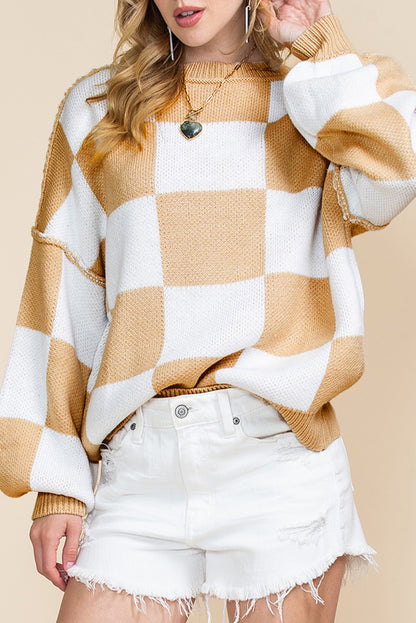 Green Checkered Bishop Sleeve Pullover Sweater