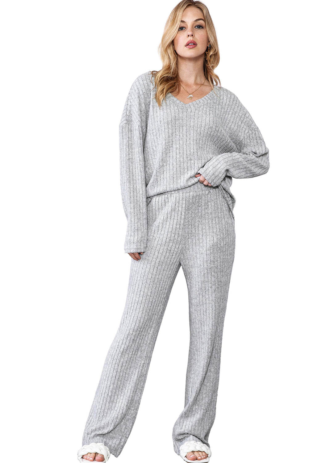 Light Grey Slouchy Ribbed Knit V Neck Top & Pants Loungewear Set