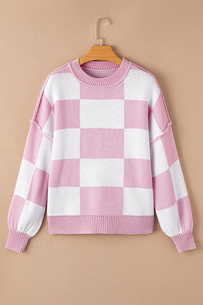 Green Checkered Bishop Sleeve Pullover Sweater