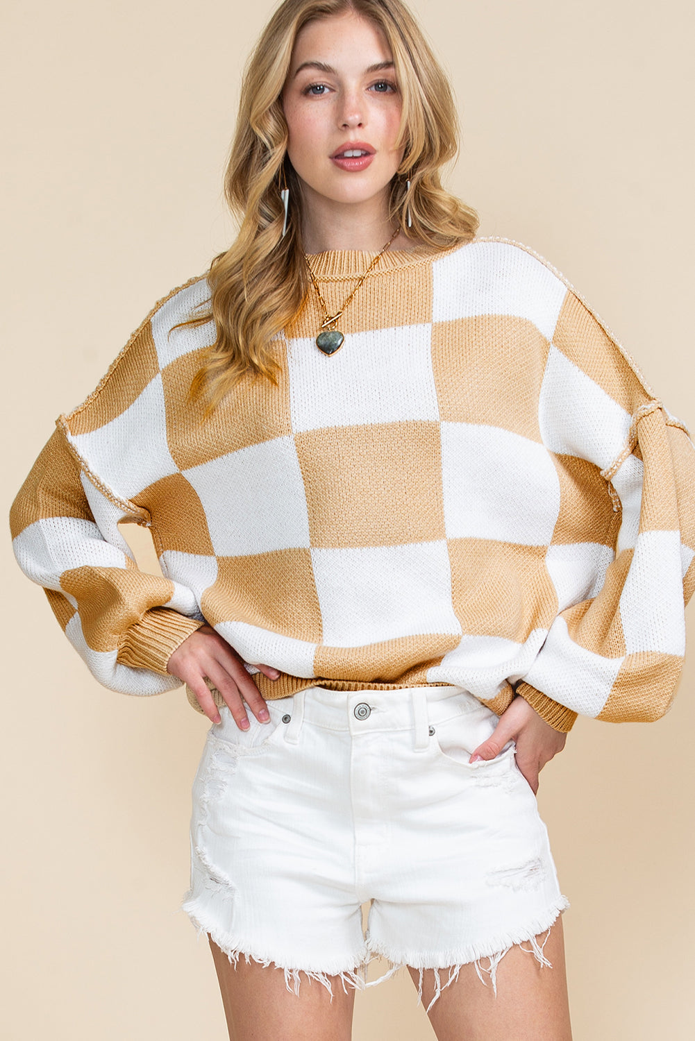 Green Checkered Bishop Sleeve Pullover Sweater