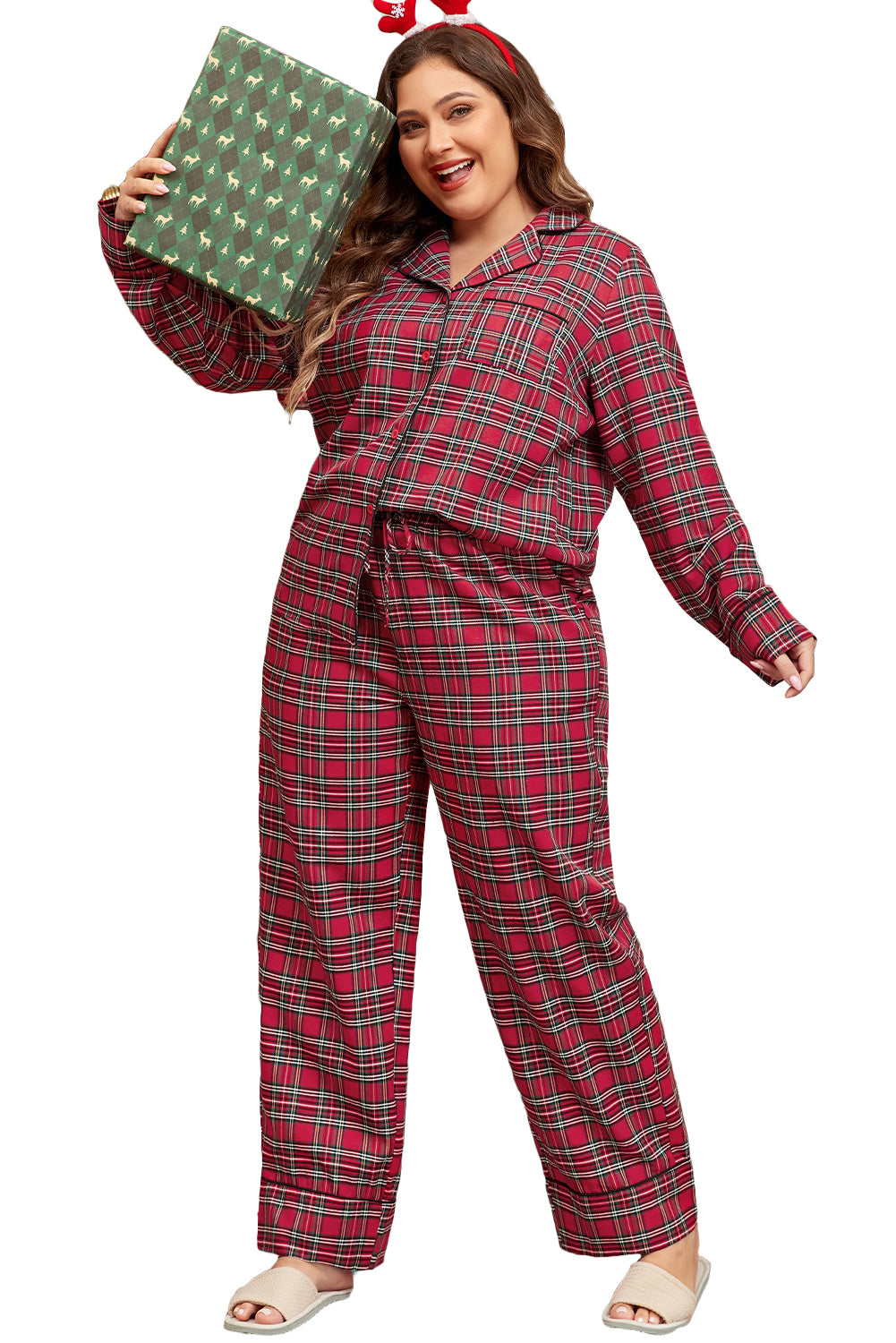 Red Plaid Print Shirt and Drawstring Pants Plus Size Pajama Set