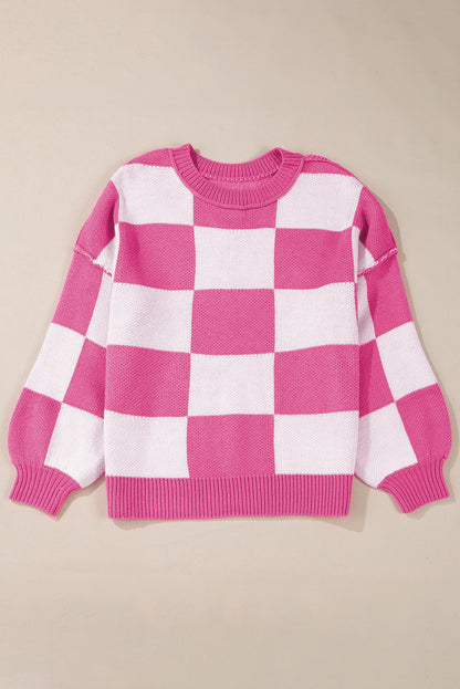 Green Checkered Bishop Sleeve Pullover Sweater