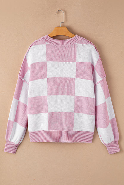 Green Checkered Bishop Sleeve Pullover Sweater