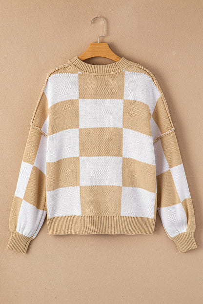 Green Checkered Bishop Sleeve Pullover Sweater