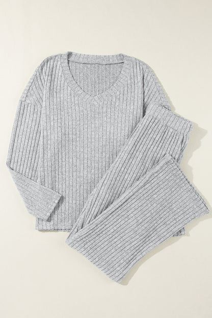 Light Grey Slouchy Ribbed Knit V Neck Top & Pants Loungewear Set