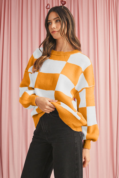 Green Checkered Bishop Sleeve Pullover Sweater