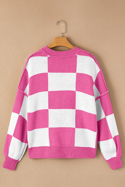 Green Checkered Bishop Sleeve Pullover Sweater