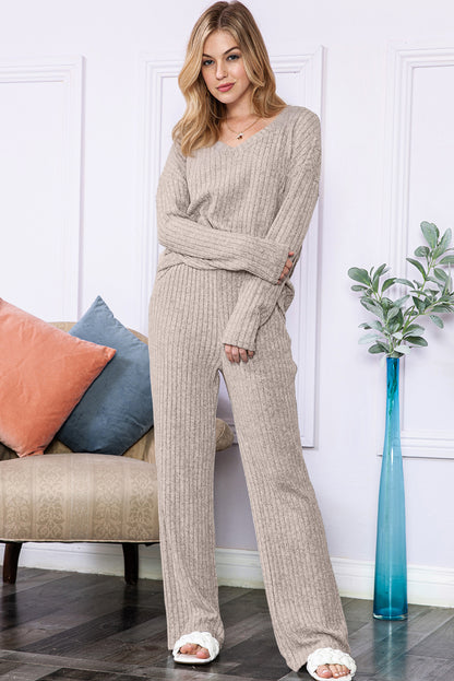 Light Grey Slouchy Ribbed Knit V Neck Top & Pants Loungewear Set