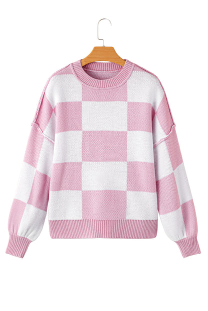 Green Checkered Bishop Sleeve Pullover Sweater