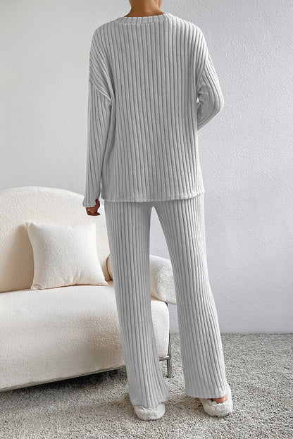 Light Grey Slouchy Ribbed Knit V Neck Top & Pants Loungewear Set