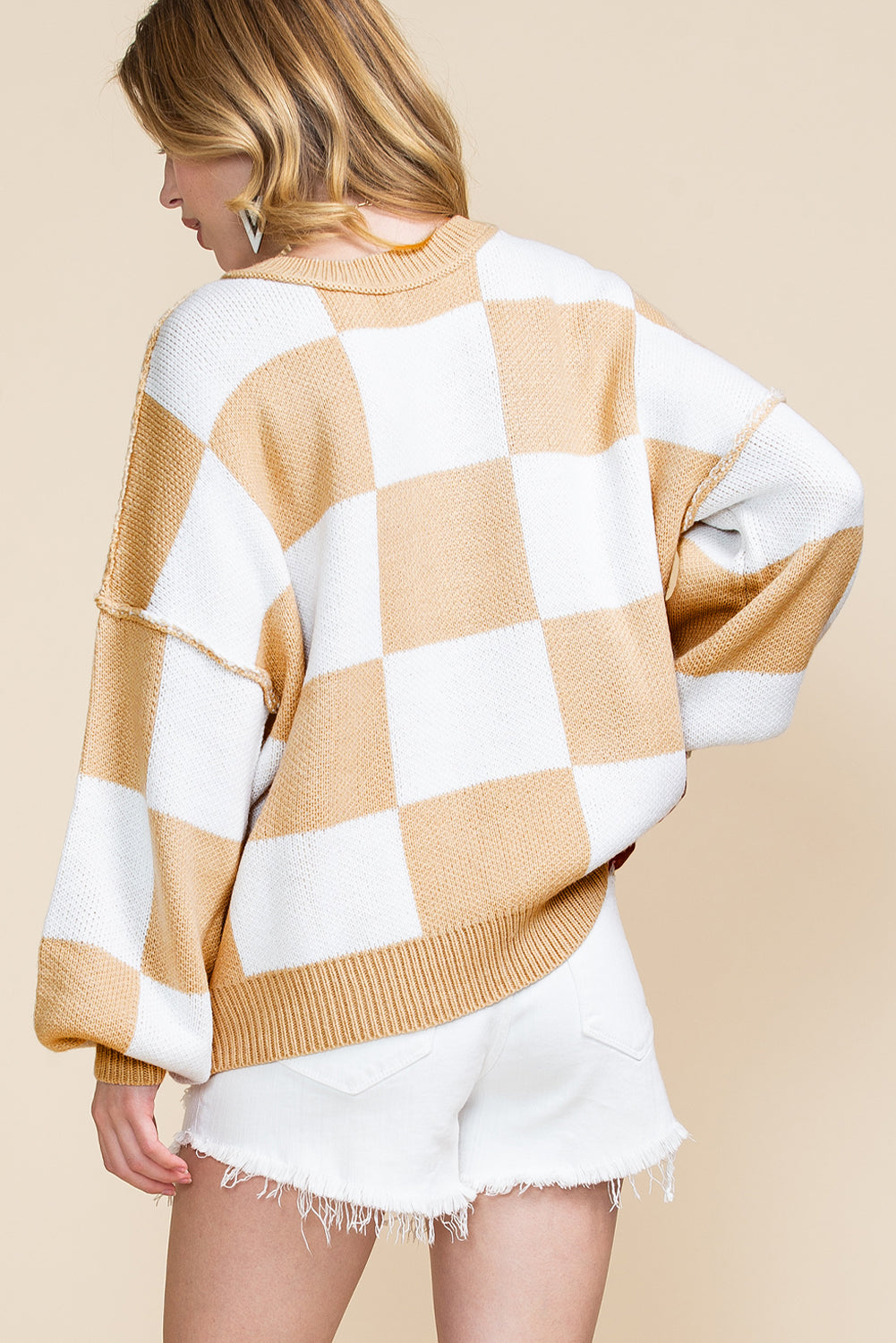 Green Checkered Bishop Sleeve Pullover Sweater