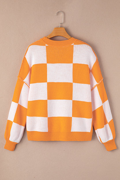 Green Checkered Bishop Sleeve Pullover Sweater