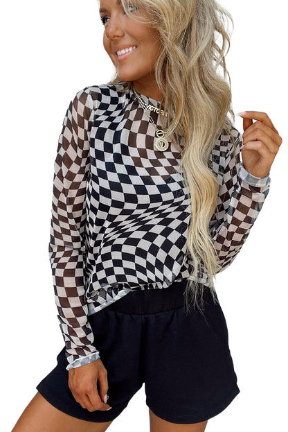 Khaki Checkered Pattern Mesh Long Sleeve Top