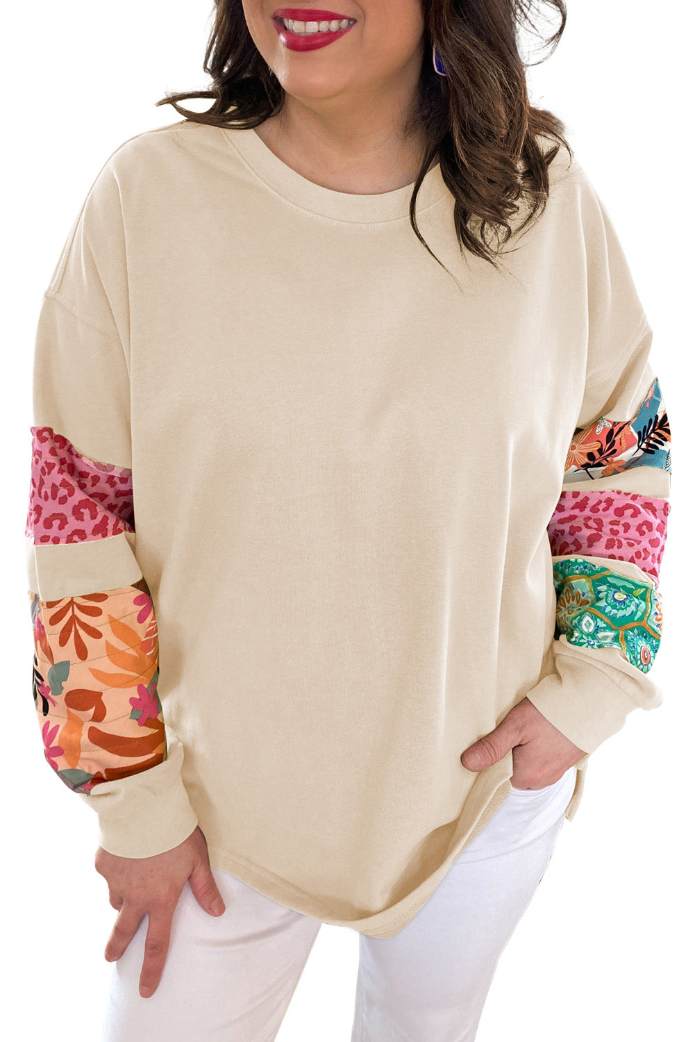 Green Leopard Patchwork Sleeve Split Plus Sweatshirt