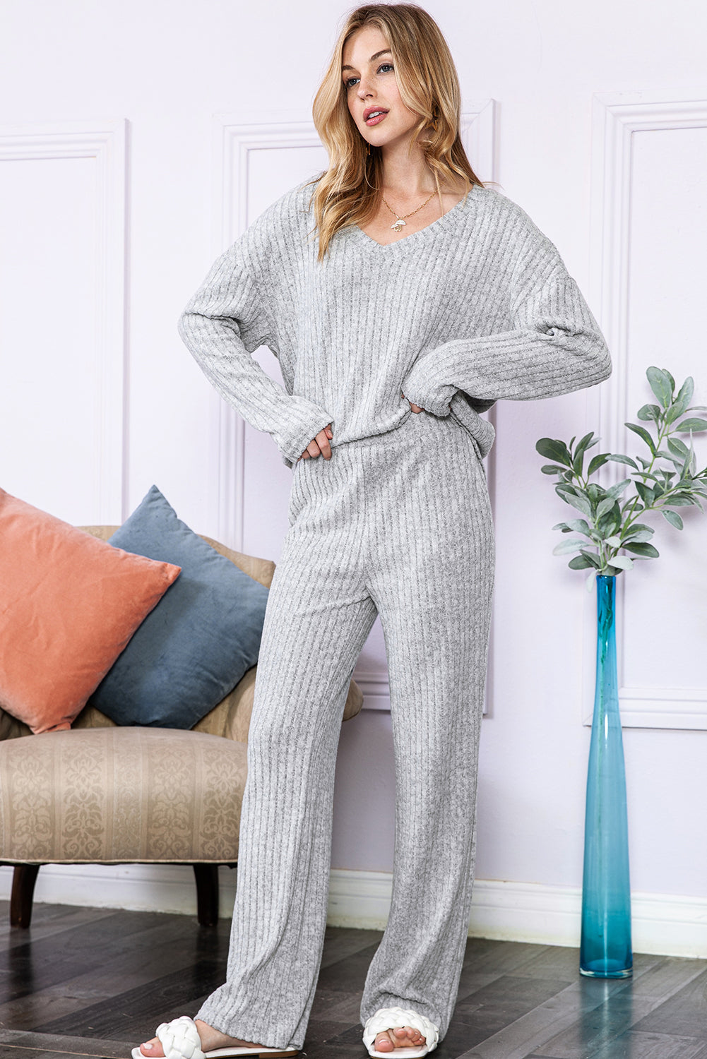 Light Grey Slouchy Ribbed Knit V Neck Top & Pants Loungewear Set