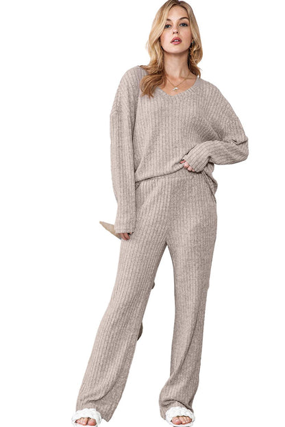 Light Grey Slouchy Ribbed Knit V Neck Top & Pants Loungewear Set