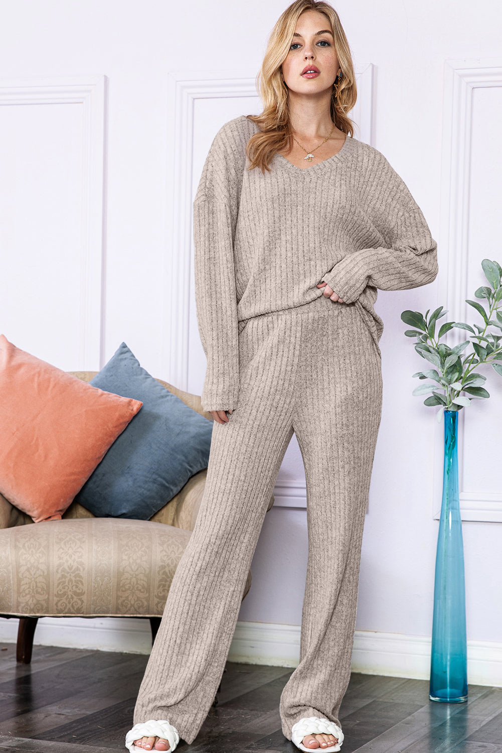 Light Grey Slouchy Ribbed Knit V Neck Top & Pants Loungewear Set