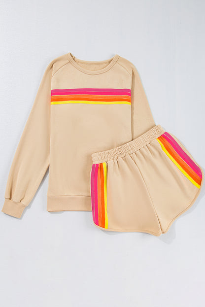 Beau Blue Colorful Striped Long Sleeve Pullover and Shorts Set