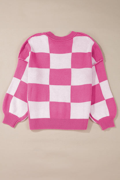 Green Checkered Bishop Sleeve Pullover Sweater