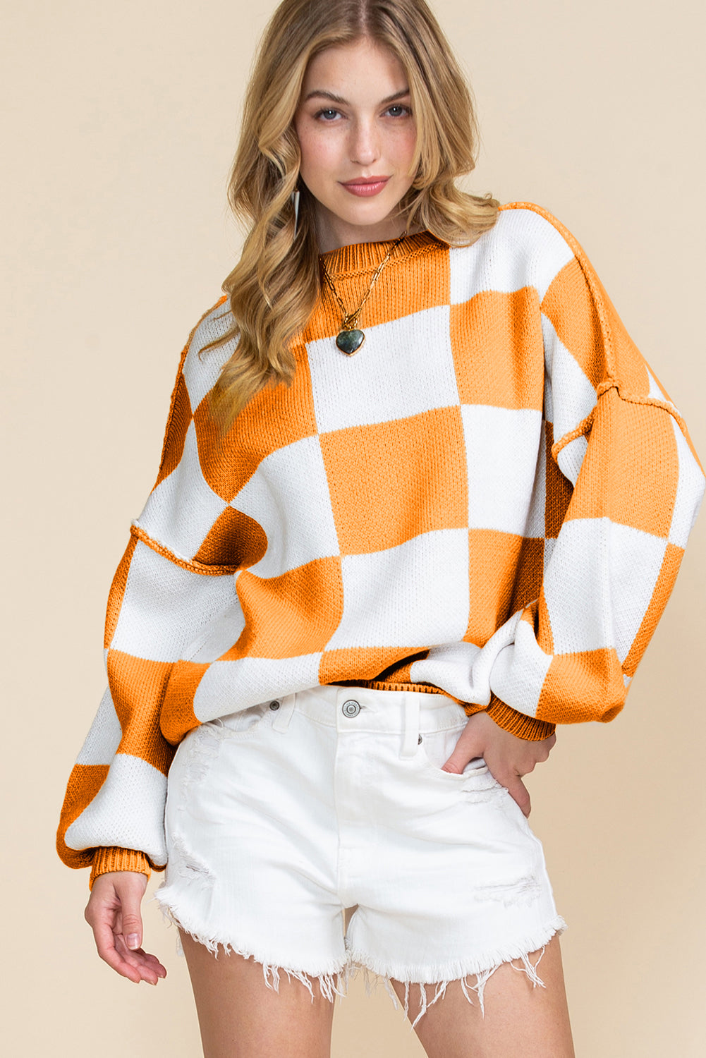 Green Checkered Bishop Sleeve Pullover Sweater