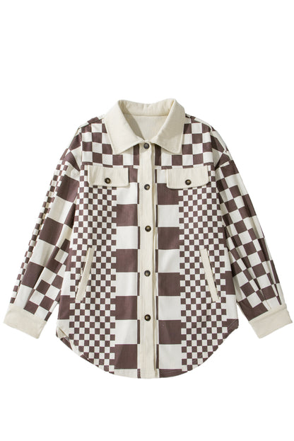 Brown Checkered Corduroy Button Up Shacket