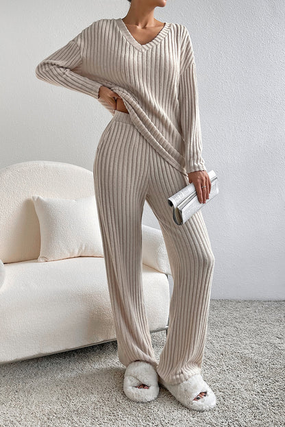 Light Grey Slouchy Ribbed Knit V Neck Top & Pants Loungewear Set