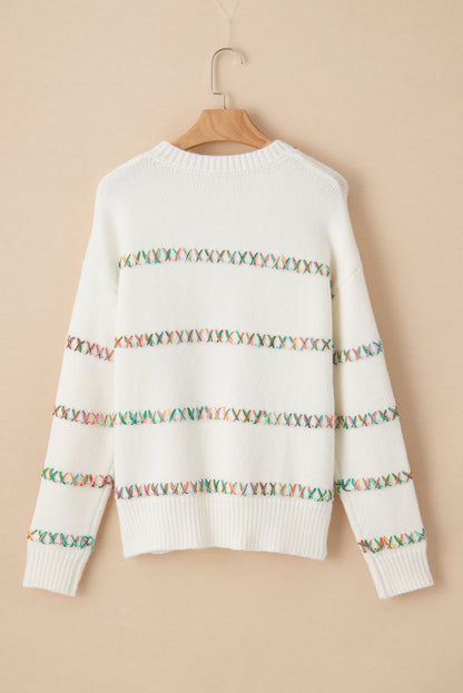 White Colorful Cross Stitch Drop Shoulder Sweater